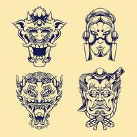 japanese mask character vector line  set