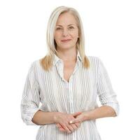 Attractive middle aged woman with folded arms isolated on white background photo