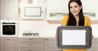 Kitchen woman gives empty tray for your advertising products at home in the kitchen. Mock up for use photo