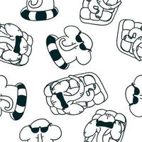 Elephants on inflatable mattress and circle. Vector illustrations in outline doodle style isolated on white background.