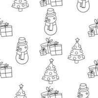 Merry Christmas Set. Vector seamless pattern in outline doodle style isolated on white background.