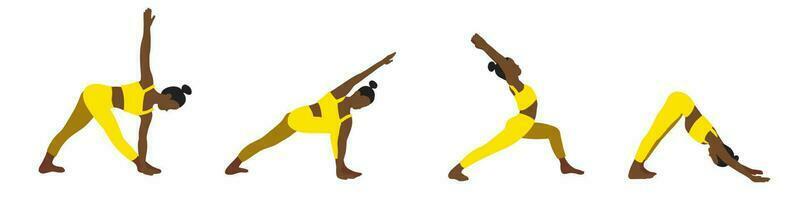 Yoga poses collection. African American. Female woman girl. Vector illustration in cartoon flat style isolated on white background.