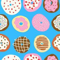 Donuts pattern. Vector illustration in cartoon flat style isolated on blue background