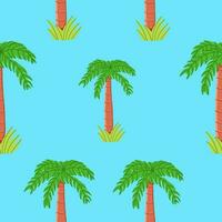 Palm tree seamless pattern. Hand drawn vector illustration in cartoon style on blue background