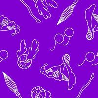 Seamless pattern of Magic items school of magic and sorcery. Vector illustration on purple background.