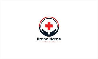 Health care logo with plus icon and hand cared icon. Modern health logo with Black and Red colors. vector