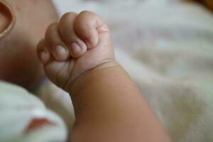 one hand of a newborn in a grasping position with the thumb inside photo