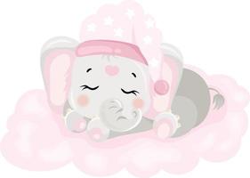 linda bebé rosado elefante dormido en nube vector