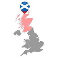 alfiler mapa con Escocia bandera, Reino Unido región mapa. vector ilustración.