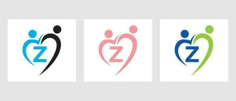 Letter Z Community Logo Template. Teamwork, Heart, People, Family Care, Love Logo. Charity Donation Foundation Sign vector