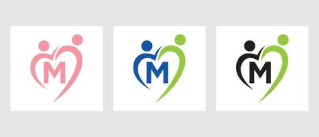 Letter M Community Logo Template. Teamwork, Heart, People, Family Care, Love Logo. Charity Donation Foundation Sign vector