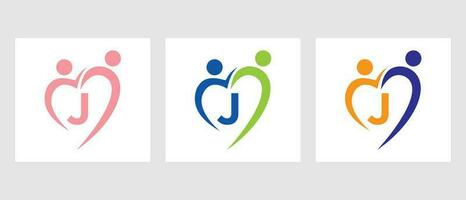 Letter J Community Logo Template. Teamwork, Heart, People, Family Care, Love Logo. Charity Donation Foundation Sign vector