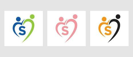 Letter S Community Logo Template. Teamwork, Heart, People, Family Care, Love Logo. Charity Donation Foundation Sign vector