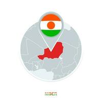 Niger map and flag, vector map icon with highlighted Niger