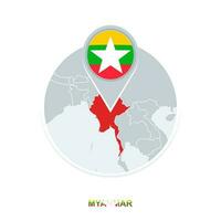 Myanmar map and flag, vector map icon with highlighted Myanmar