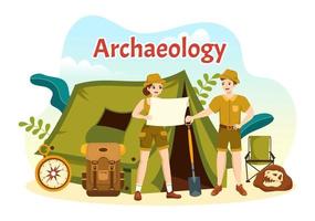 Archeology Illustration with Archaeological Excavation of ancient Ruins, Artifacts and Dinosaurs Fossil in Flat Cartoon Hand Drawn Templates vector