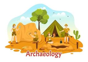 Archeology Illustration with Archaeological Excavation of ancient Ruins, Artifacts and Dinosaurs Fossil in Flat Cartoon Hand Drawn Templates vector