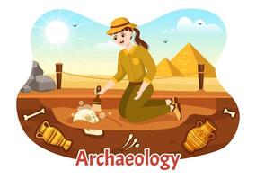 Archeology Illustration with Archaeological Excavation of ancient Ruins, Artifacts and Dinosaurs Fossil in Flat Cartoon Hand Drawn Templates vector