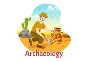 Archeology Illustration with Archaeological Excavation of ancient Ruins, Artifacts and Dinosaurs Fossil in Flat Cartoon Hand Drawn Templates vector