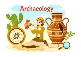 Archeology Illustration with Archaeological Excavation of ancient Ruins, Artifacts and Dinosaurs Fossil in Flat Cartoon Hand Drawn Templates vector