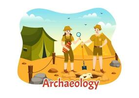 Archeology Illustration with Archaeological Excavation of ancient Ruins, Artifacts and Dinosaurs Fossil in Flat Cartoon Hand Drawn Templates vector