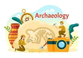 Archeology Illustration with Archaeological Excavation of ancient Ruins, Artifacts and Dinosaurs Fossil in Flat Cartoon Hand Drawn Templates vector