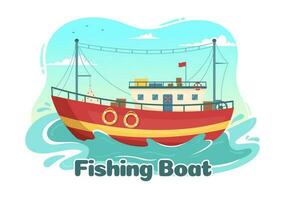 Fishing Boat Illustration with Fishermen Hunting Fish Using Ship for Web Banner or Landing Page in Flat Cartoon Hand Drawn Vector Templates