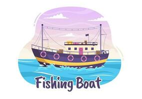 Fishing Boat Illustration with Fishermen Hunting Fish Using Ship for Web Banner or Landing Page in Flat Cartoon Hand Drawn Vector Templates