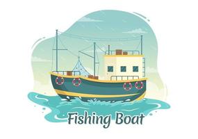 pescar barco ilustración con pescadores caza pescado utilizando Embarcacion para web bandera o aterrizaje página en plano dibujos animados mano dibujado vector plantillas