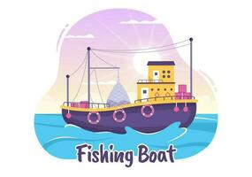 Fishing Boat Illustration with Fishermen Hunting Fish Using Ship for Web Banner or Landing Page in Flat Cartoon Hand Drawn Vector Templates