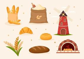 Bread Mill Illustration with Wheat Sacks, Various Breads and Windmill for Web Banner or Landing Page in Flat Cartoon Hand Drawn Templates vector