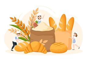 Bread Mill Illustration with Wheat Sacks, Various Breads and Windmill for Web Banner or Landing Page in Flat Cartoon Hand Drawn Templates vector