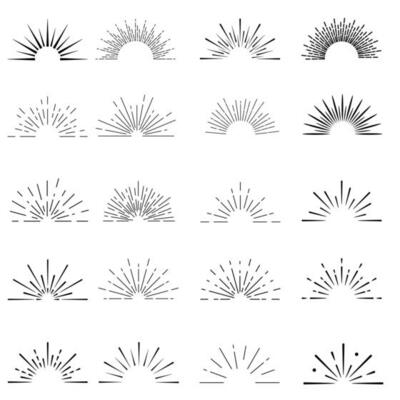 Retro sunburst. Sunrise rays light burst line shine sunshine sunbeam vintage border spark firework starburst for emblems logo and banner vector isolated set
