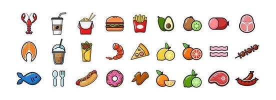 Vector colorful food icons illustrations. Dairy, milk, seafood, meat, fruits, drinks.