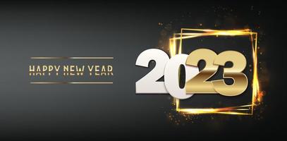 gold 2023 with glowy frame. Vector illustration Merry Christmas and happy new year background. Holiday greeting banner, flyer and card.