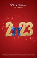 Vector illustration Merry Christmas and happy new year background. Holiday greeting banner, flyer and card. gold 2023 with a bow.