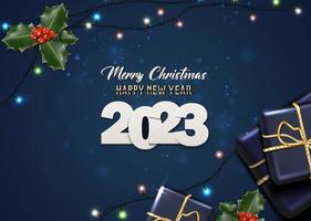 Happy New Year 2023. Merry Christmas. Template for greeting card, banner, flyer. Dark blue background with white 2023 with lights and presents. vector