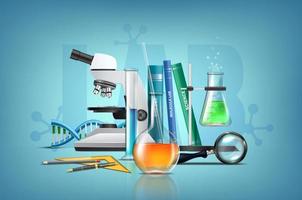 3d realistic vector illustration. Molecular bio technologies in laboratory glassware, tubes and beakers, microscope. Biology and medicine.
