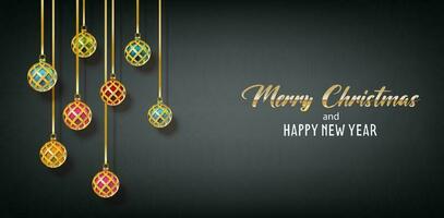 Vector illustration Merry Christmas and happy new year background. Holiday greeting banner, flyer and card. Dark background with decoration hanging balls.