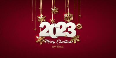 Vector illustration Merry Christmas and happy new year background. Holiday greeting banner, flyer and card. 2023 numbers with hanging golden snowflakes on red background.