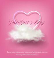 3d realistic vector Valentines banner. Romantic celebration banner, flyer, web, greeting card. Neon heart with white cloud on pink background.