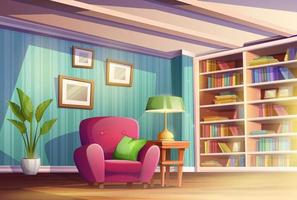 Cartoon vector illustration. Cosy home living room or cabinet with place for reading books. Library with book shelves, chair and lamp.