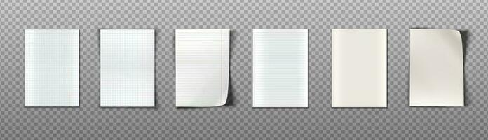 3d realistic vector collection of paper sheets with different texture for notes. Isolated on transparent background.