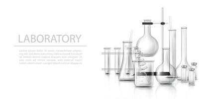 3d realistic vector icon.  Pharmaceutical and medical background. Laboratory glassware with test tubes, beakers and pipeline and testers. Isolated on white.