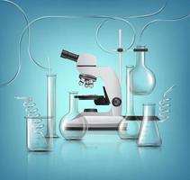 3d realista vector icono. farmacéutico y médico antecedentes. laboratorio cristalería con prueba tubos, vasos de precipitados y tubería y microscopio.