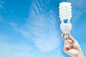 Energy saving concept, Woman hand holding light bulb on blue sky background,Ideas light bulb in the hand photo