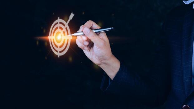 Businessman touching virtual dartboard with arrow ,Business Achievement objective target concept.for setup business objective target concept. photo
