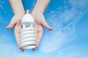Energy saving concept, Woman hand holding light bulb on blue sky background,Ideas light bulb in the hand photo