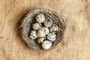 Easter decoration with egg in nest on white marble background photo