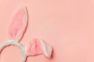 Happy Easter concept. Decorative bunny ears furry costume toy isolated on trendy pastel pink background photo